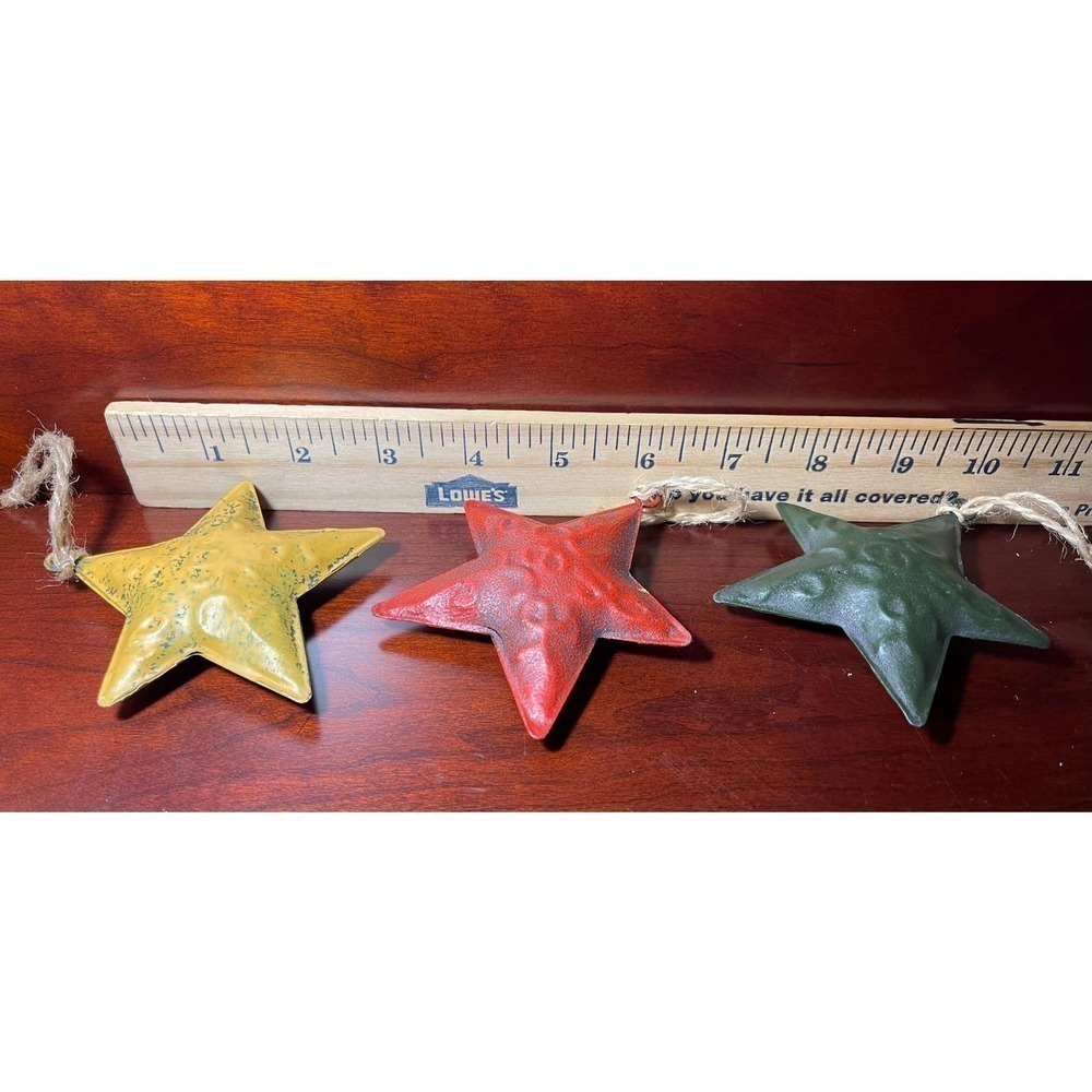 3 Vintage Metal Country Christmas Stars With Hand Painted Snowmen & Jute Hangers - Picture 4 of 5